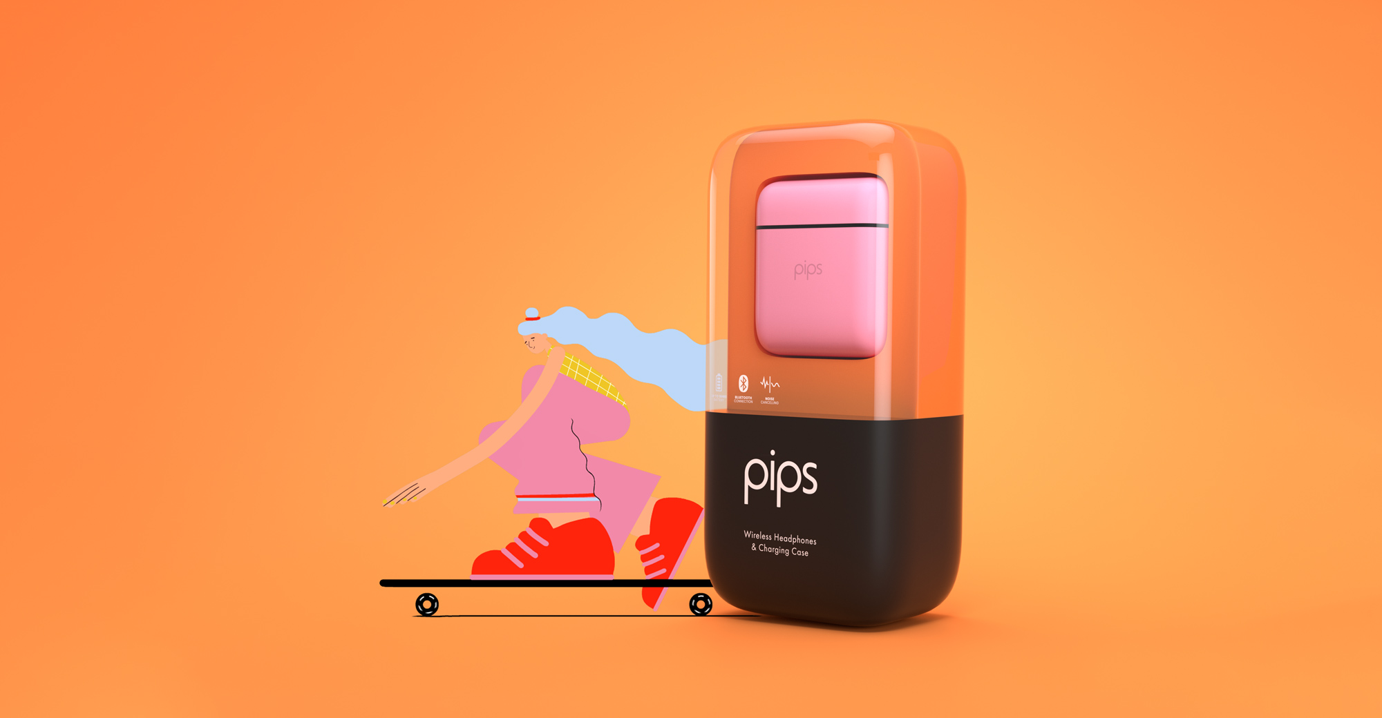 Product photo and skateboard illustration from the PIP's animation